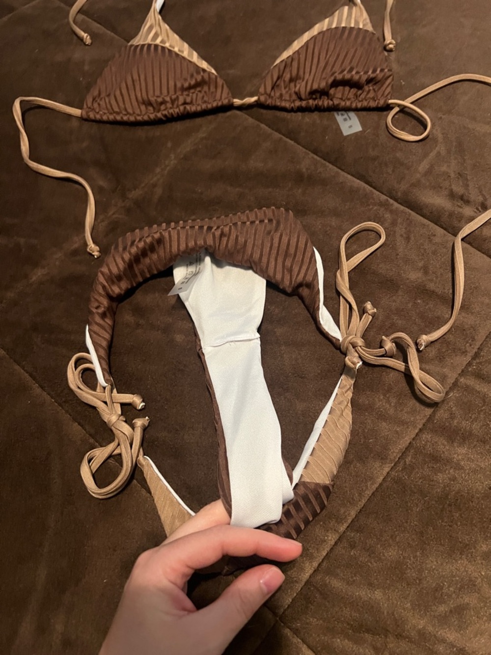 SHEIN Brown & Beige Ribbed Triangle String Bikini - Picture 2 of 4
